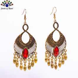 Golden/Red Drop Design Dot Textured Tassel Earrings For Women