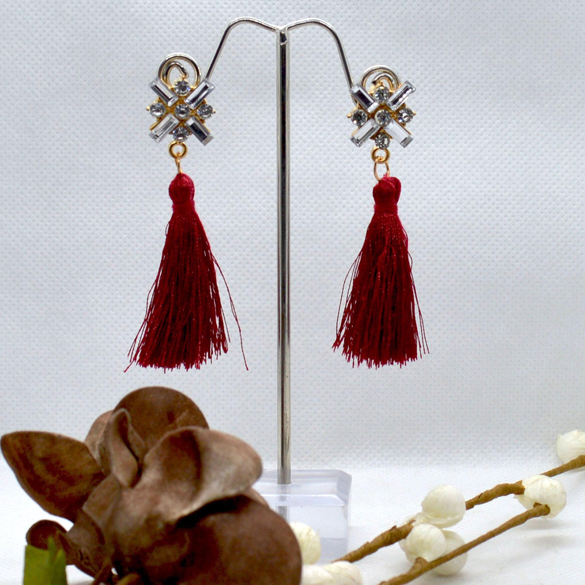 Stone Studded Tassel Drop Earrings For Women - Image 11
