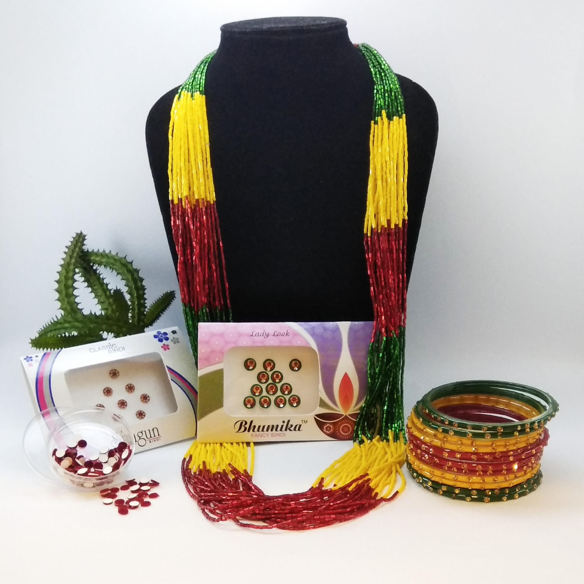 Pack Of Green/Red/Yellow Potey Mala And Green/Red Stone Studded Bangles With Free Bindis(3 Packets)