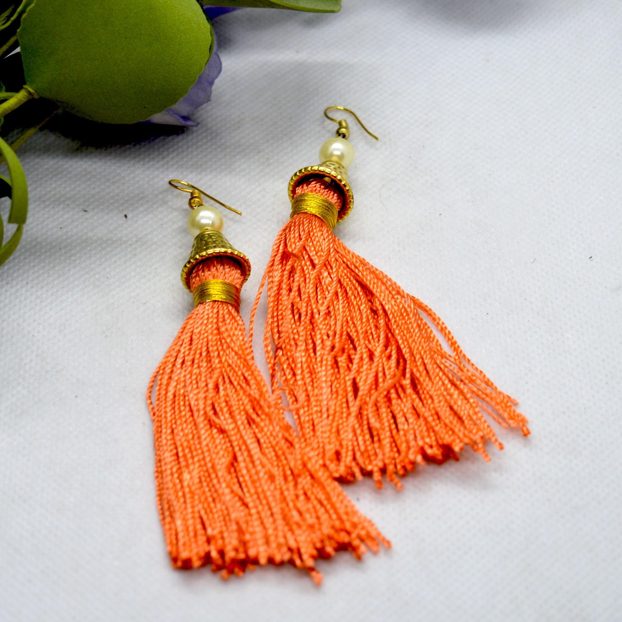 Orange/Golden Silk Thread Tassel Earrings For Women