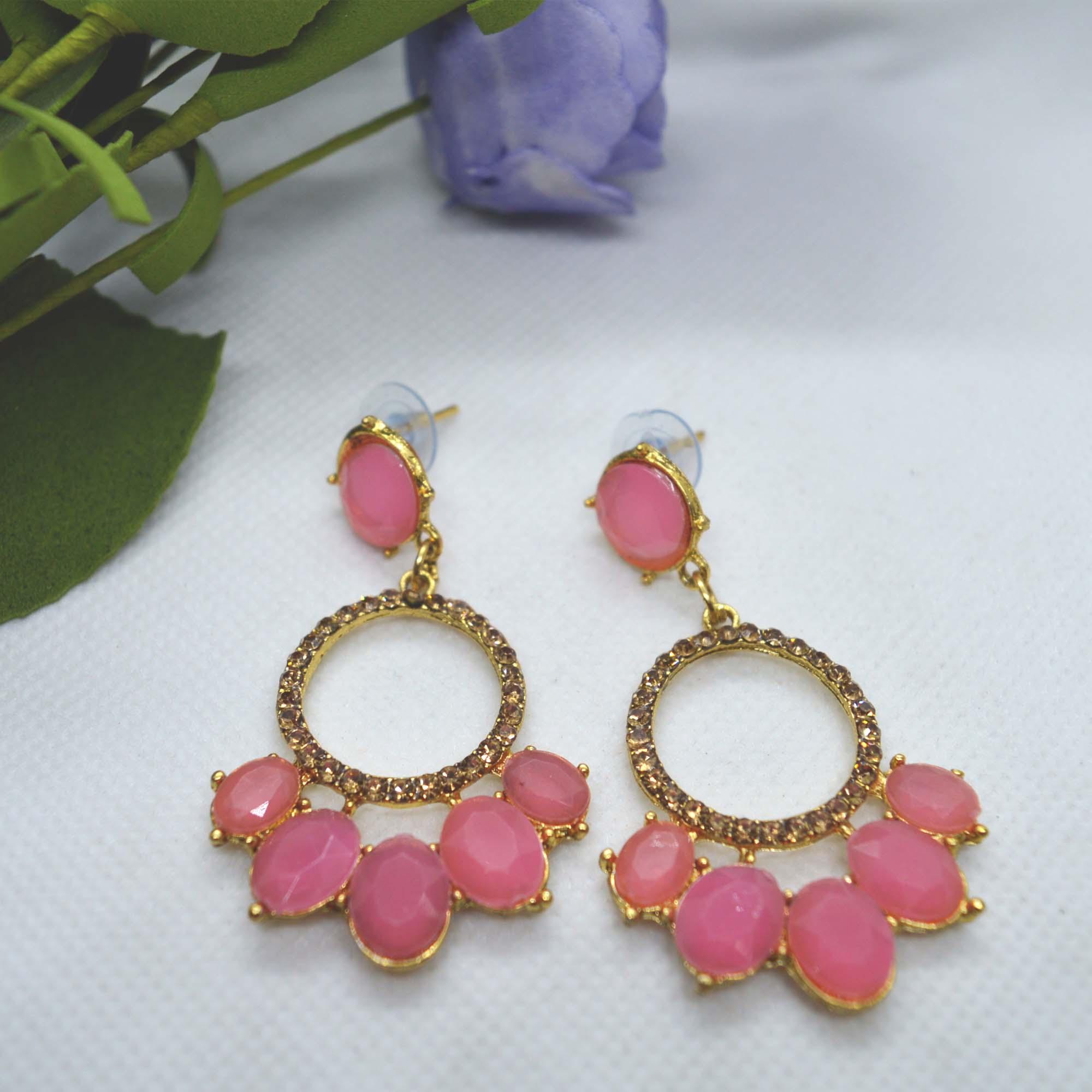 Golden/Multicolored Round Drop Earrings For Women - Image 3