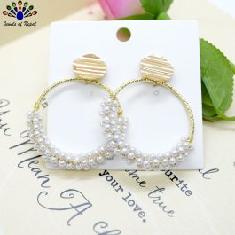 Golden/White Simulated Pearl Beaded Round Earrings by Jewels of Nepal