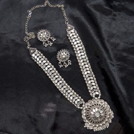Jewels of Nepal Silver Oxidized Mirror Studded Long Necklace & Earrings Set for Women