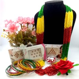 Pack Of Potey Mala+Stone Studded Bangles + Flower Hair Clip With Free Bindis(4 Packets)- Green/Red/Yellow