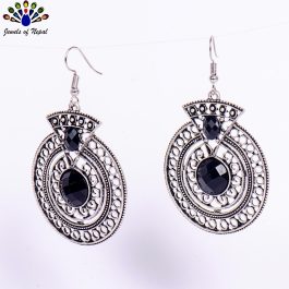 Silver/Black Tribal Patterned Circular Drop Danglers For Women