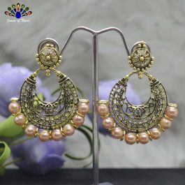 Antique Golden Toned Faux Moti Beaded Chandbali Designed Earrings - Jewels of Nepal