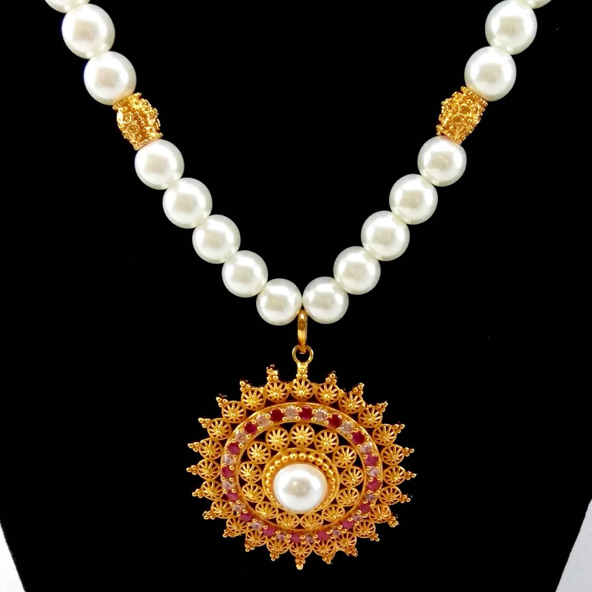 Gold Plated Faux Pearl & White/Red Stones Embellished Necklace For Women - Image 2