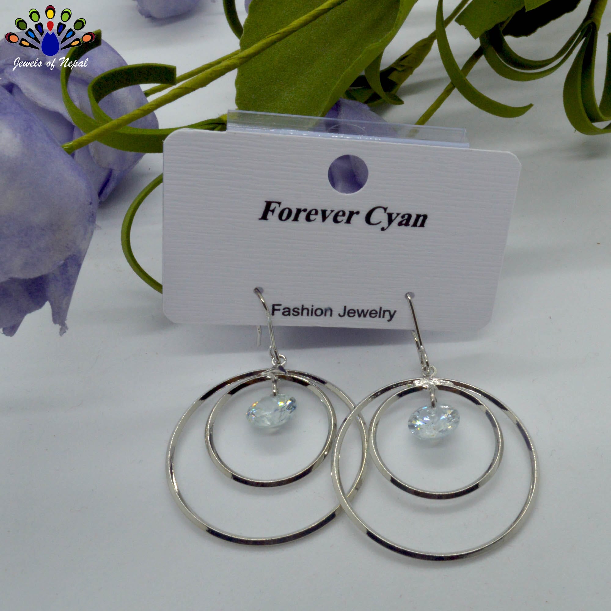 Silver Toned Double Circular Stone Drop Earrings