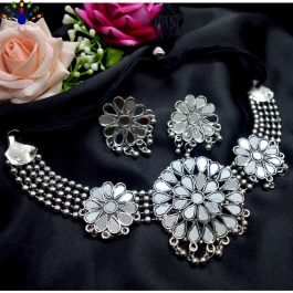 Silver Oxidized Toned Mirror Studded Floral Designed Jewelry Set for Women- Jewels of Nepal