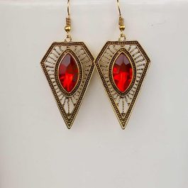 Gold/Red Stoned Diamond Shaped Patterned Earrings For Women