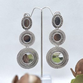 Double Round Mirror Adorned Silver Toned Earrings For Women