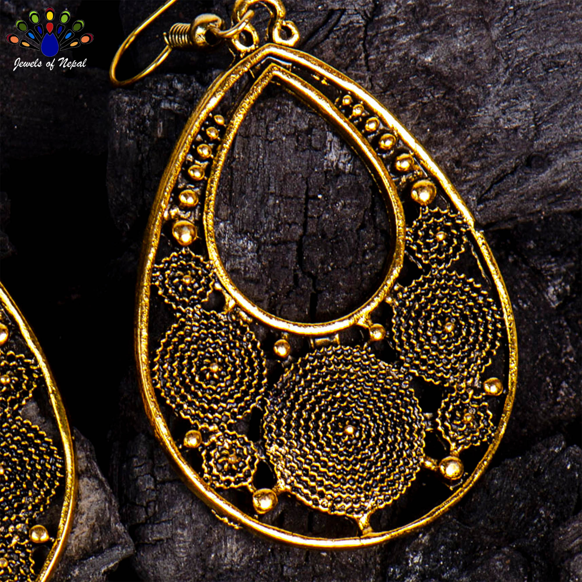 Golden Drop Style Twisted Patterned Dangling Earrings For Women- Jewels Of Nepal - Image 2