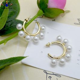 Simulated Pearl Studded Small Hoop Style Golden Earrings for Women by Jewels of Nepal