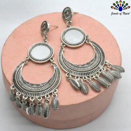 Silver Toned Casual Chandbali Designed Mirror Adorned Earrings
