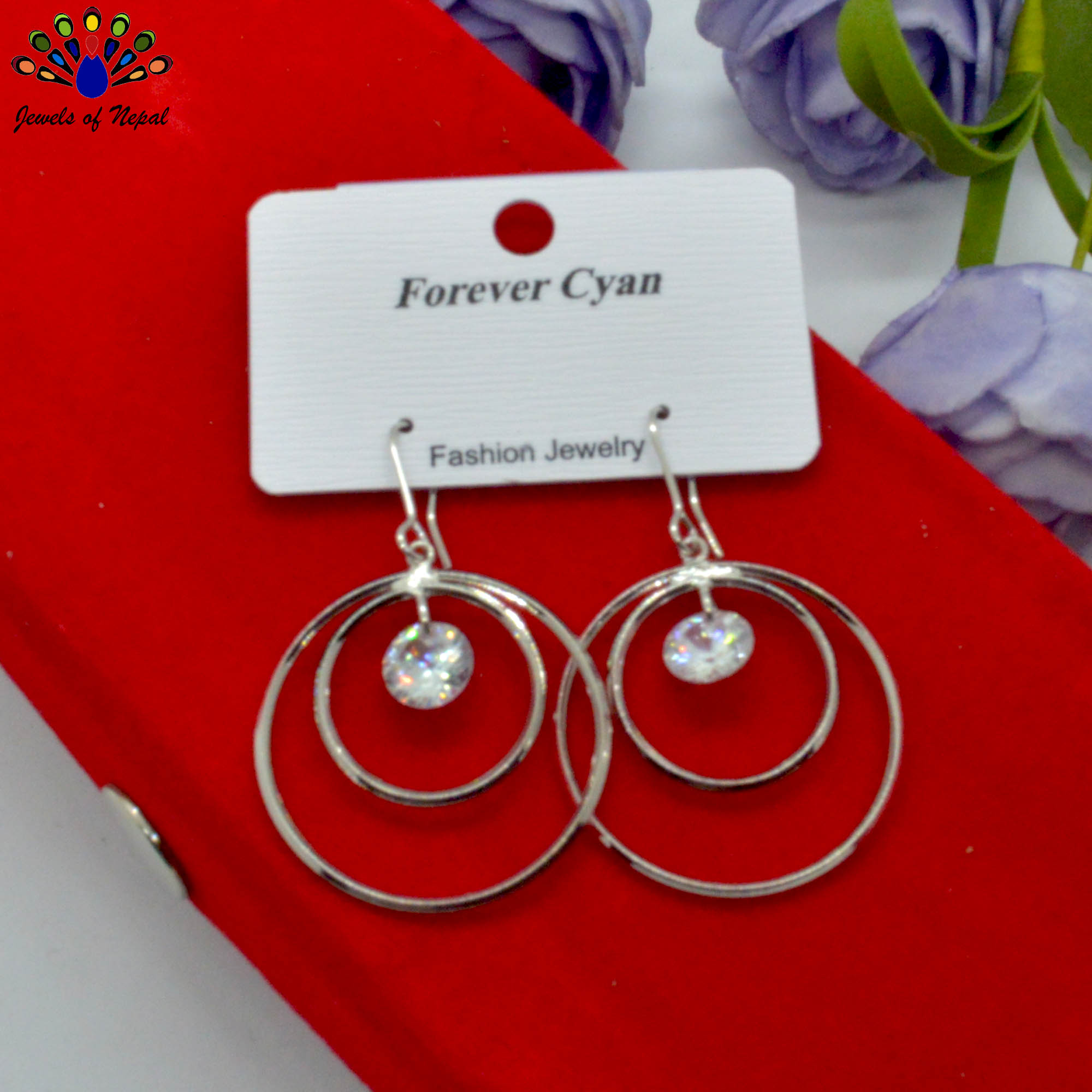 Silver Toned Double Circular Stone Drop Earrings - Image 2