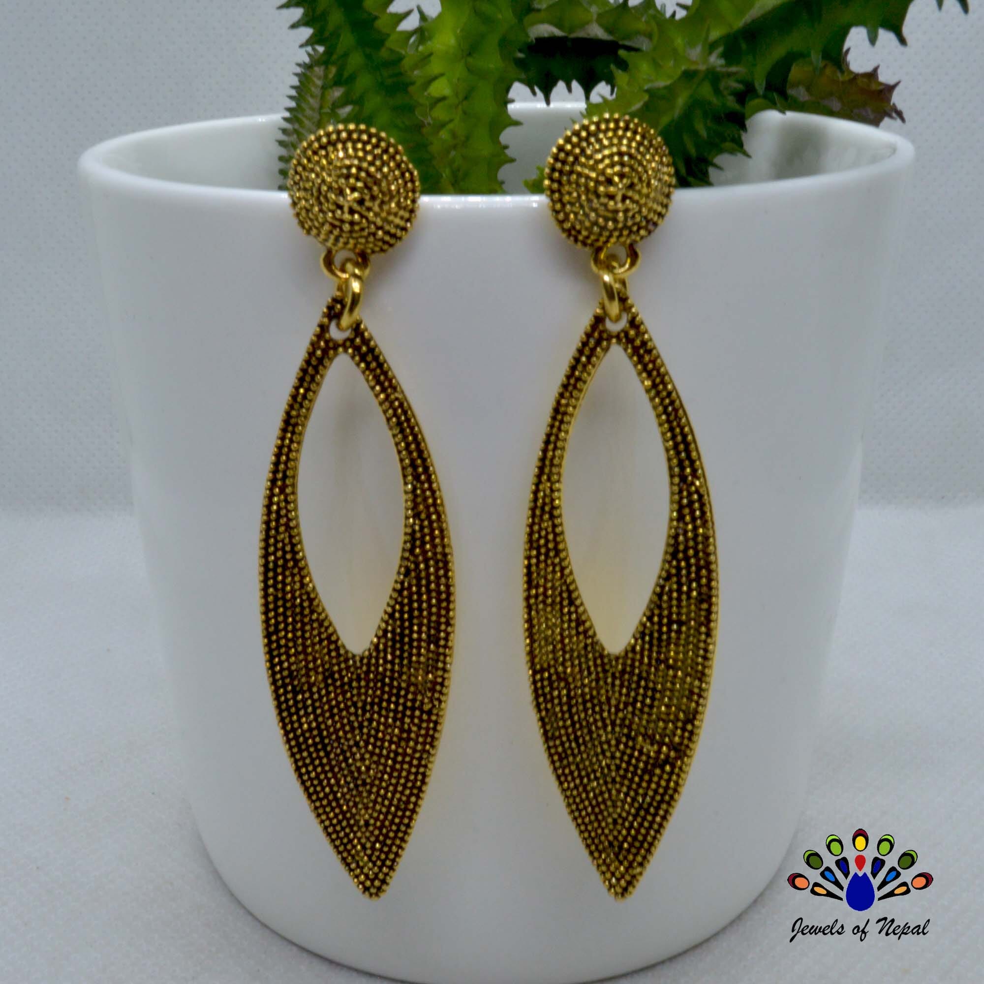 Antique Gold Toned Leaf Designed Dot Textured Earrings