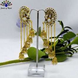 Golden/White Faux Moti Studded Ethnic Style Long Tasseled Earrings For Women