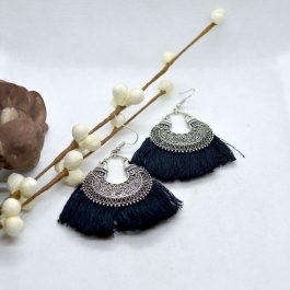 Silver/Multicolored Ethnic Patterned Chandbali Tassel Fringe Earrings For Women