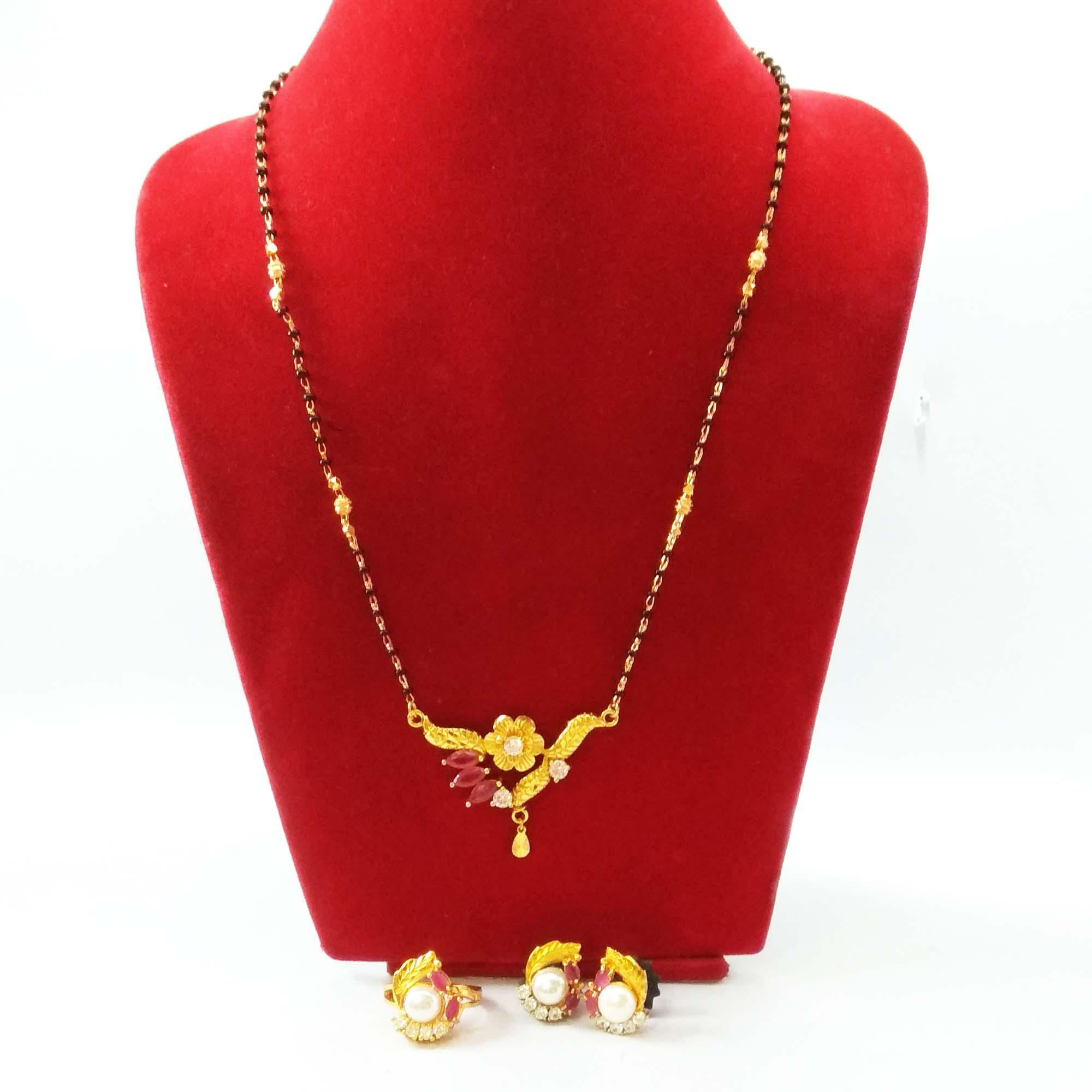 Gold Plated Faux Moti And Pink Stone Embellished Necklace, Ear Studs And Ring Set For Women - Image 2