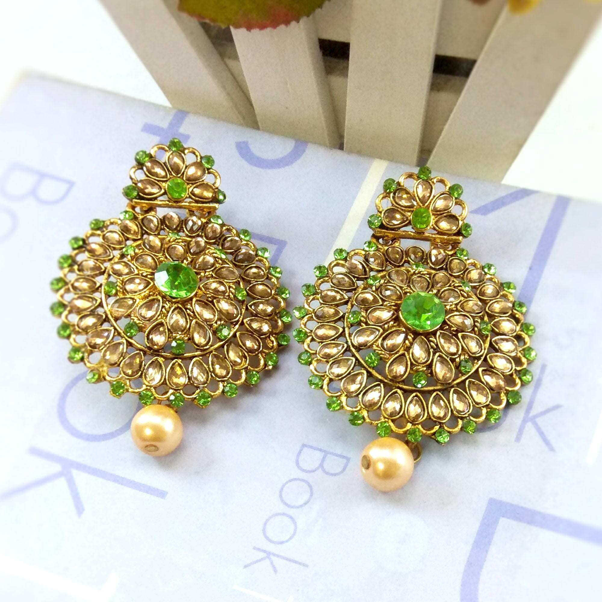 Golden/Lime Green Stone Studded Faux Moti Drop Style Circular Earrings