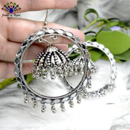 Silver Mirror Studded Round Hoop Pinjada Earrings- Jewels of Nepal