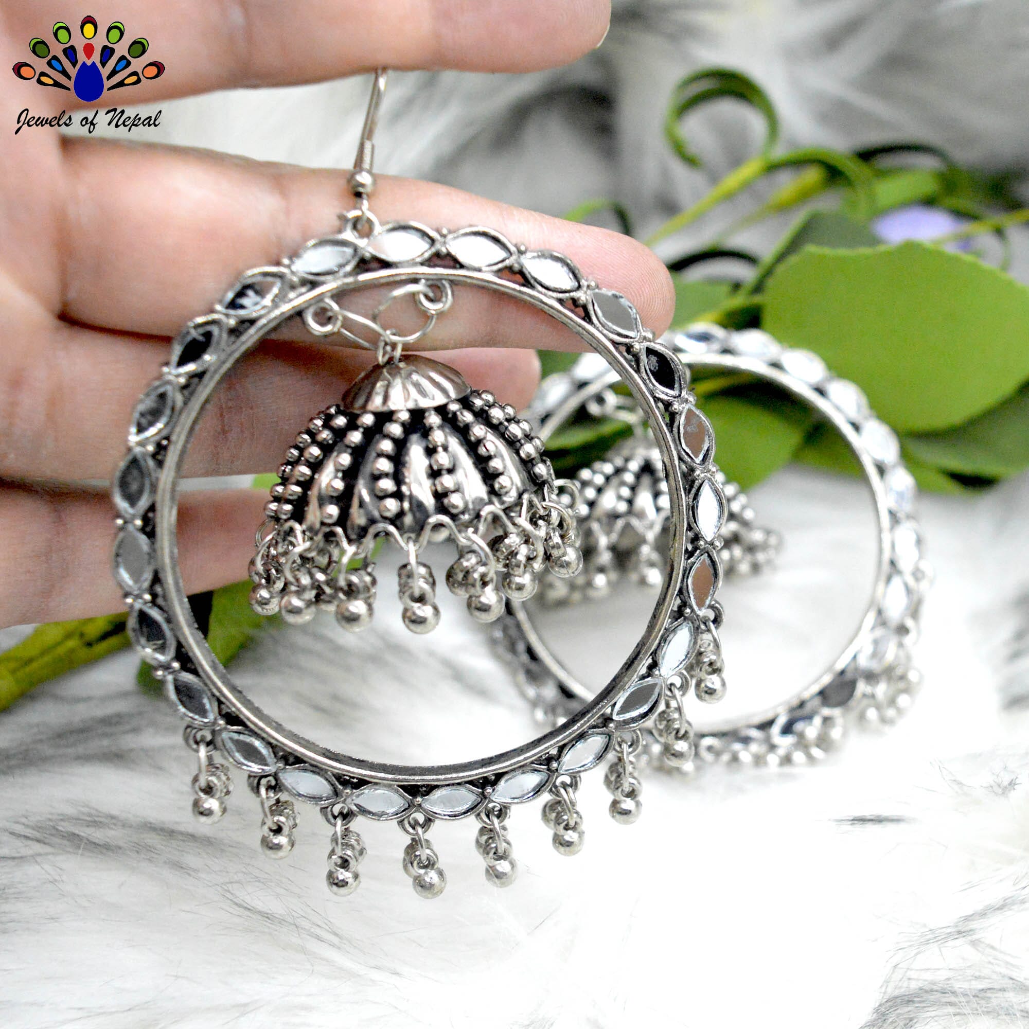 Silver Mirror Studded Round Hoop Pinjada Earrings- Jewels of Nepal