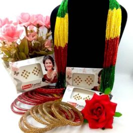 Combo Of Green/Red/Yellow Potey Mala- Golden/Red Stone Studded Bangles With Free Juro Flower And Bindis (3 Packets)