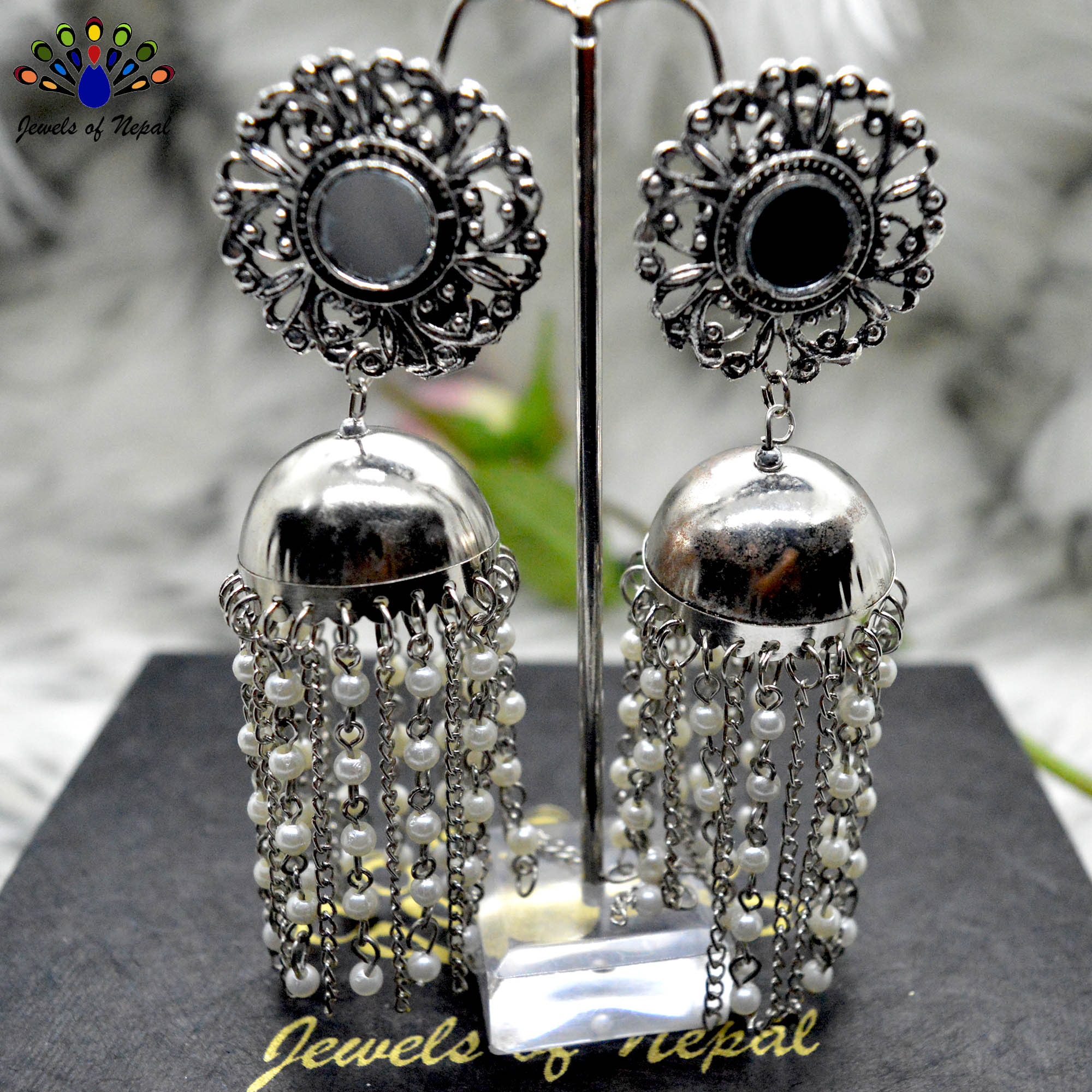 Silver Mirror Top Faux Moti Chandelier Pinjada Earrings by Jewels of Nepal - Image 2