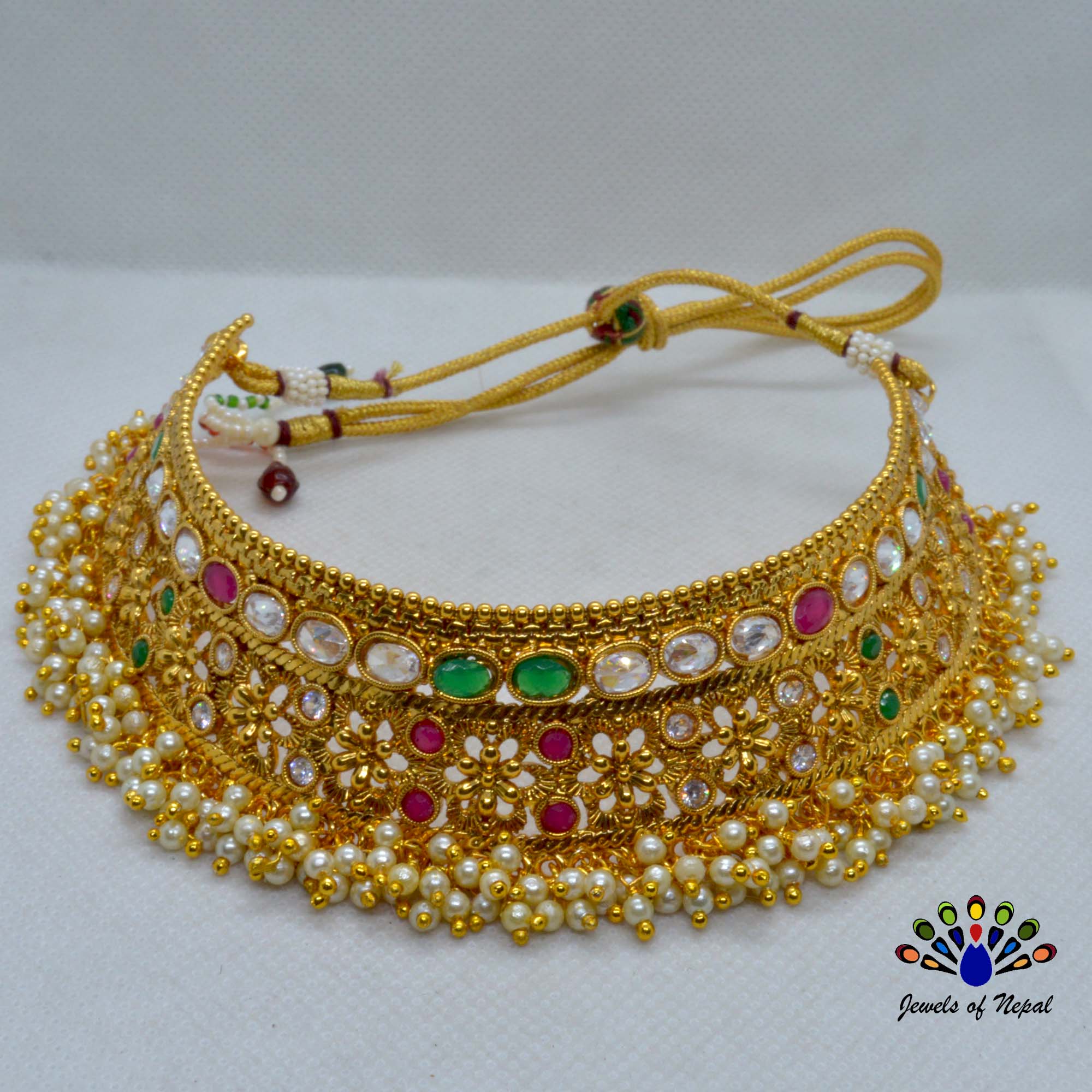 High Gold Faux Moti & Multicolored Stones Embellished Adjustable Choker Necklace Set With Earrings & Maangtika - Image 3