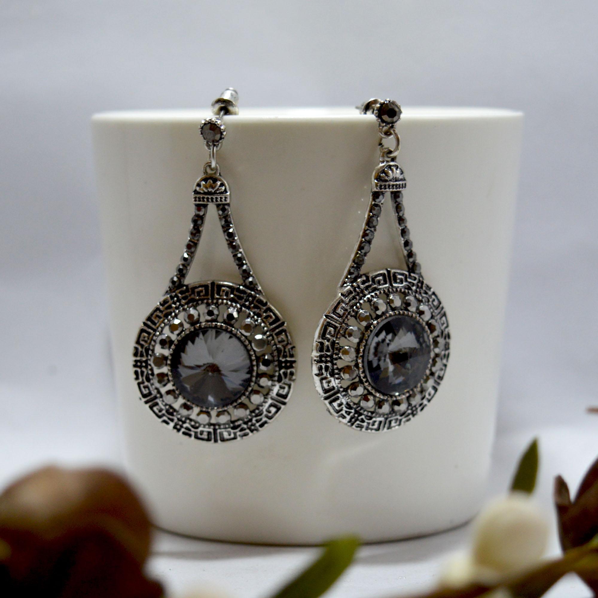 Silver/Grey Rhinestones Studded Tribal Aztec Style Circle Drop Earrings For Women - Image 2