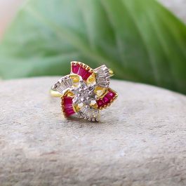 Faux Ruby With American Diamond (A.D.) Stone Embellished Floral Design Adjustable Ring For Women