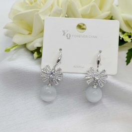 Jewels Of Nepal S925 Floral CZ Stone Studded Round Faux Moonstone Dangling Earrings For Women