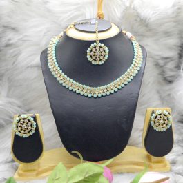 Reverse American Diamond Stones Studded Necklace, Ear Studs and Bindi Set- Jewels of Nepal