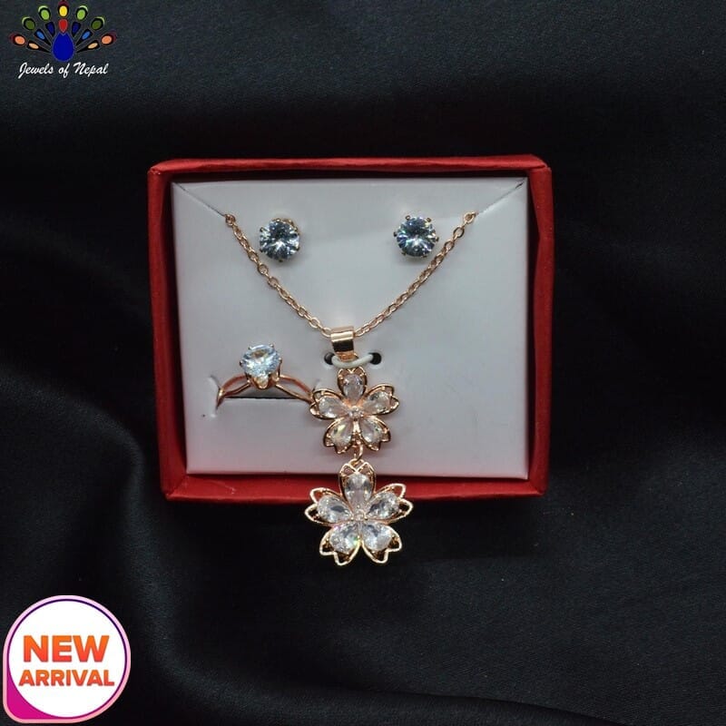 Jewels of Nepal Cubic Zirconia Studded Double Flower Pendant Chain, Ear Studs and Finger Ring Set for Women - Image 2