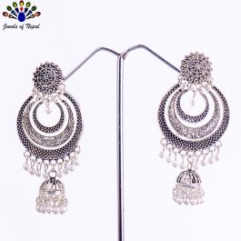 Silver Toned Layered Chandbali Designed Earrings For Women-Jewels of Nepal