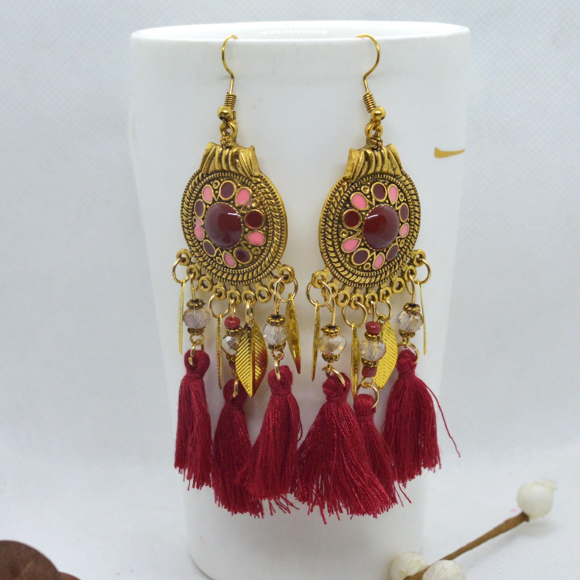 Bohemian Style Leaf Drop Tassel Earrings For Women - Image 3