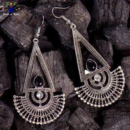 Silver/Black Tribal Patterned Long Drop Earrings For Women