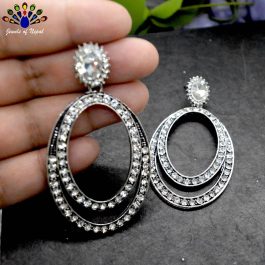 Jewels of Nepal Antique Silver/White Stone Studded Oval Dangling Earrings