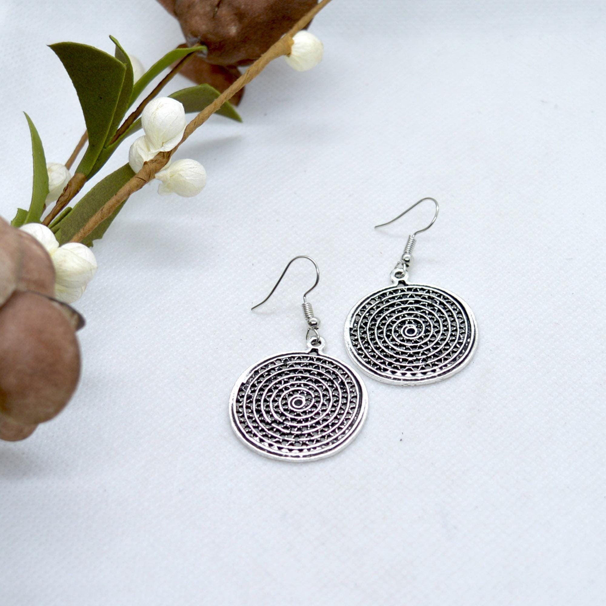 Silver Spiral Patterned Circular Earrings For Women