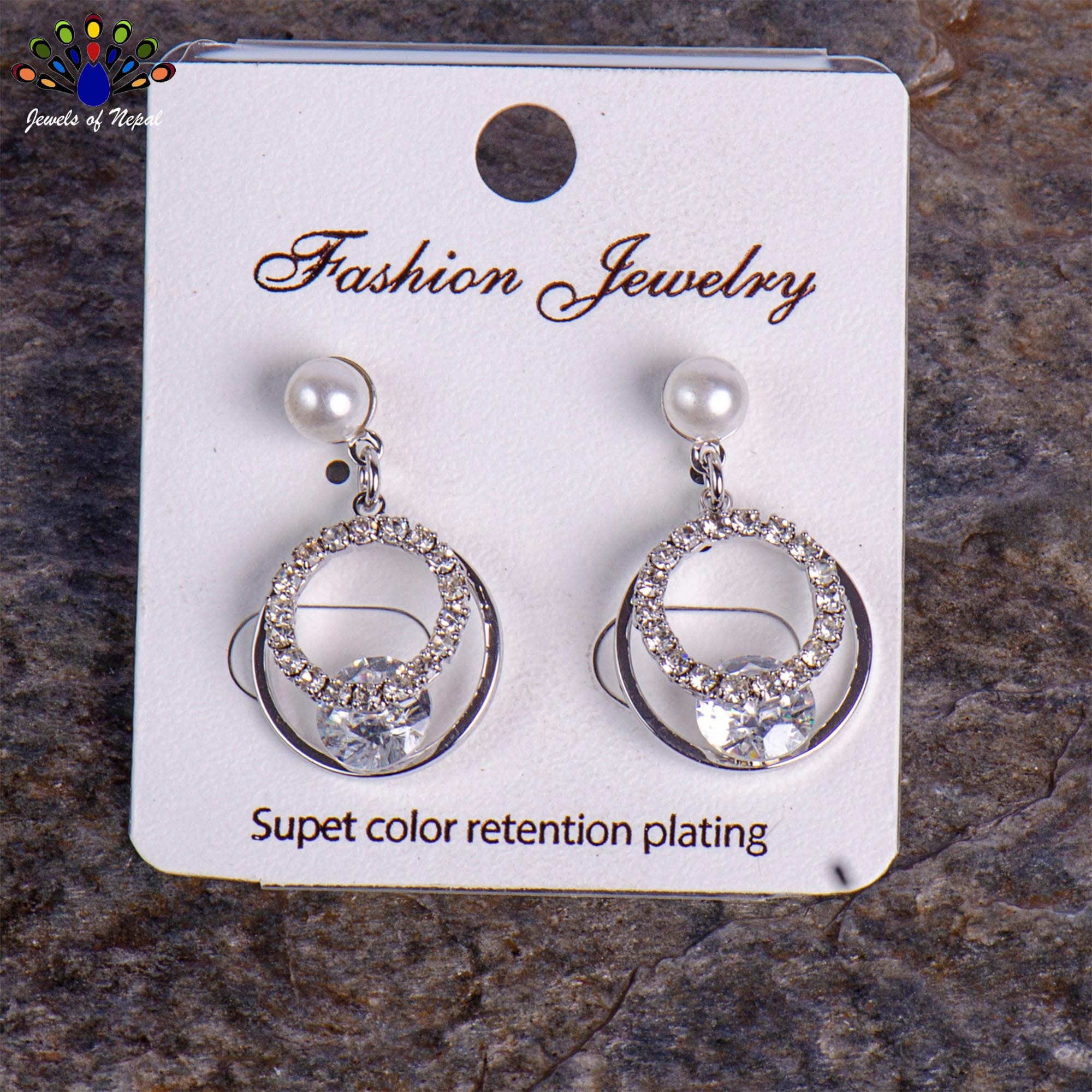 Gold Toned Stone Studded Circular Drop Earrings - Image 2