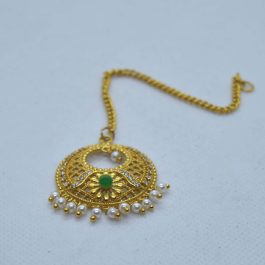 22K Gold Plated Chandbali Designed Faux Moti Drop White/Green Stone Studded Maangtika (Gpmt_006)