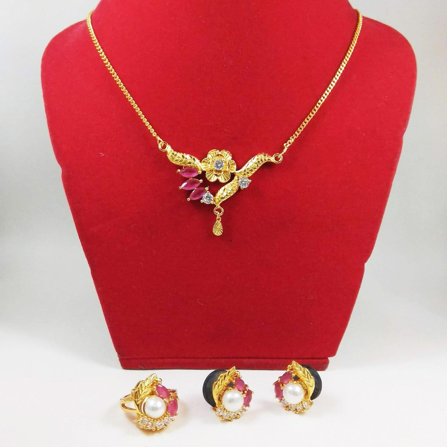 Gold Plated Faux Moti And Pink Stone Embellished Necklace, Ear Studs And Ring Set For Women