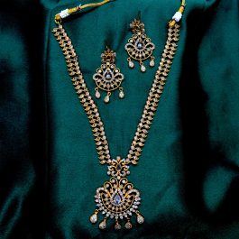 Jewels of Nepal Stone Studded Adjustable Long Temple Necklace & Earrings Set for Women