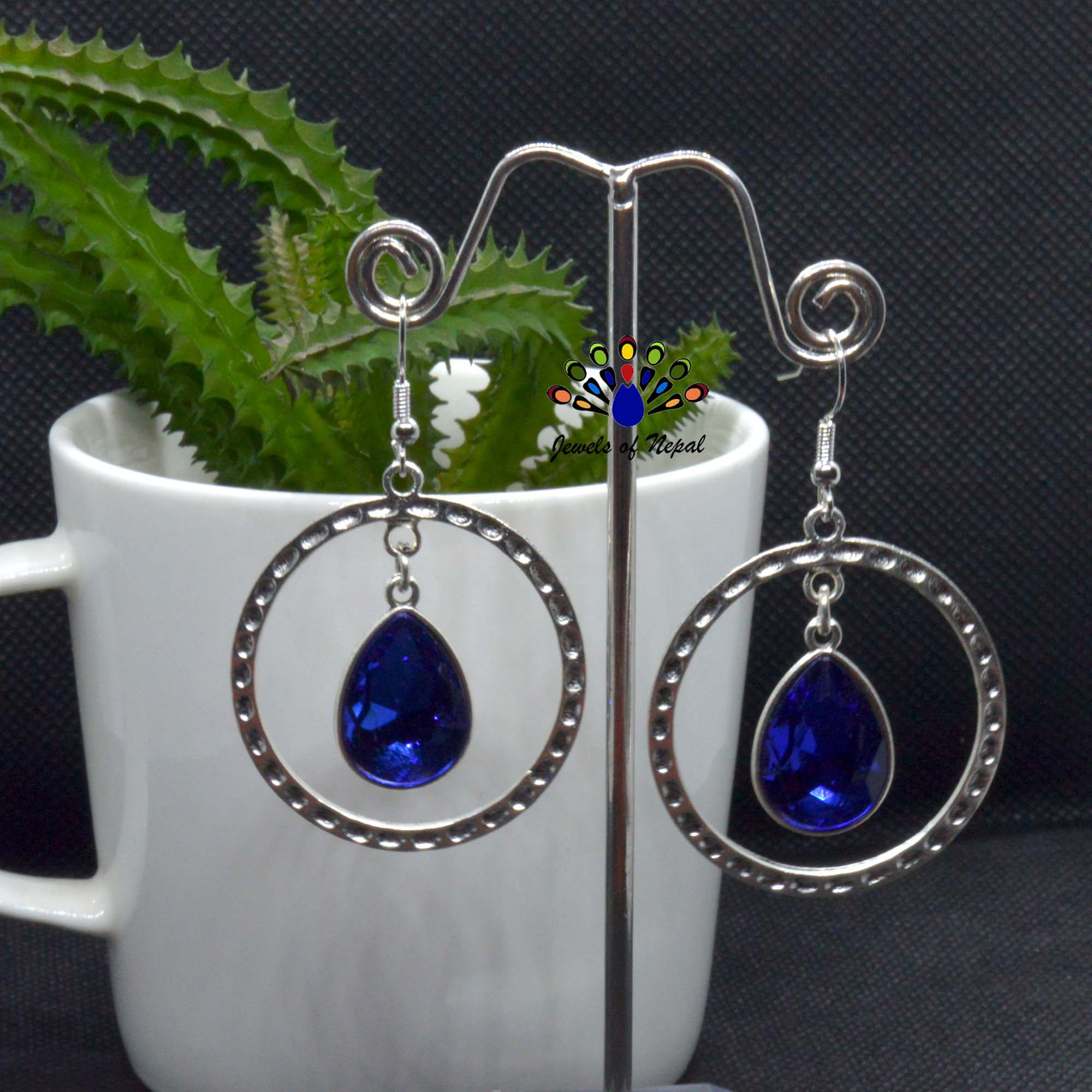 Drop Stoned Round Dangling Earrings - Image 2