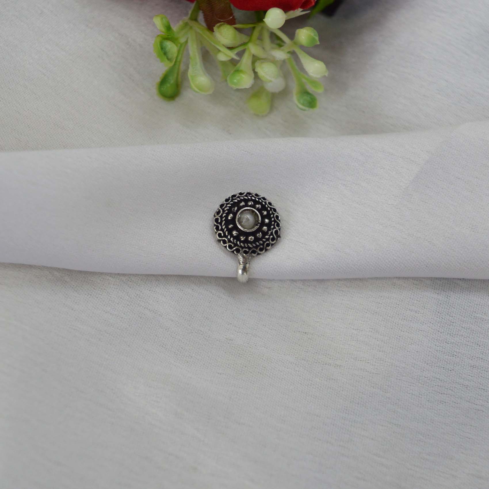 Oxidized Silver Toned Stone Clip on Nose Ring / Nathi/ Nathiya For Women- 1pc - Image 11
