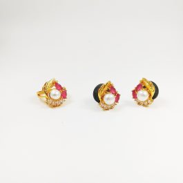White Faux Pearl And Stone Embellished Gold Plated Stud Earrings and Ring Set For Women