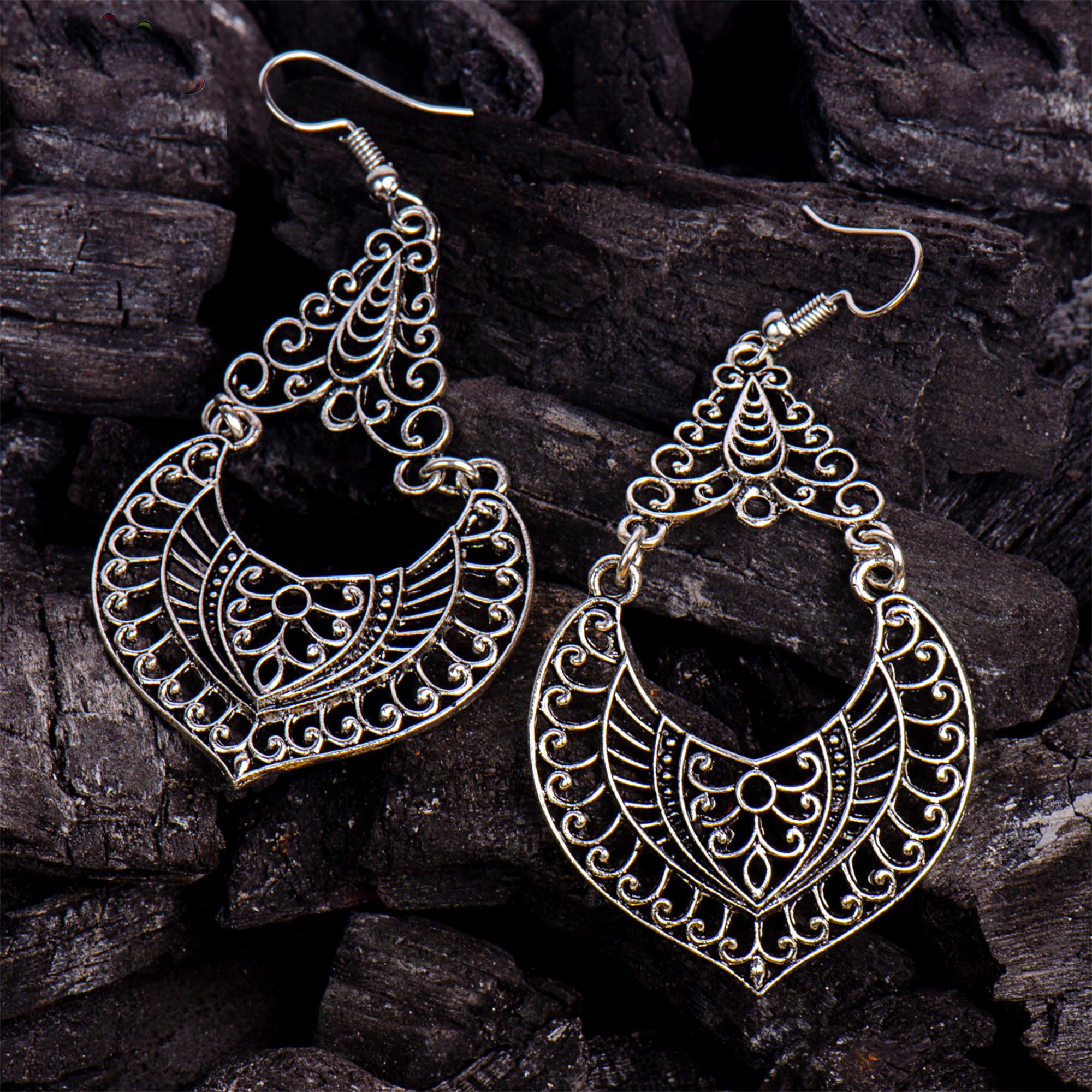 Jewels Of Nepal- Silver Cutout Patterned Drop Earrings For Women