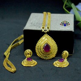 Gold Plated Drop Shaped Faux Ruby Adorned Earrings And Necklace Set