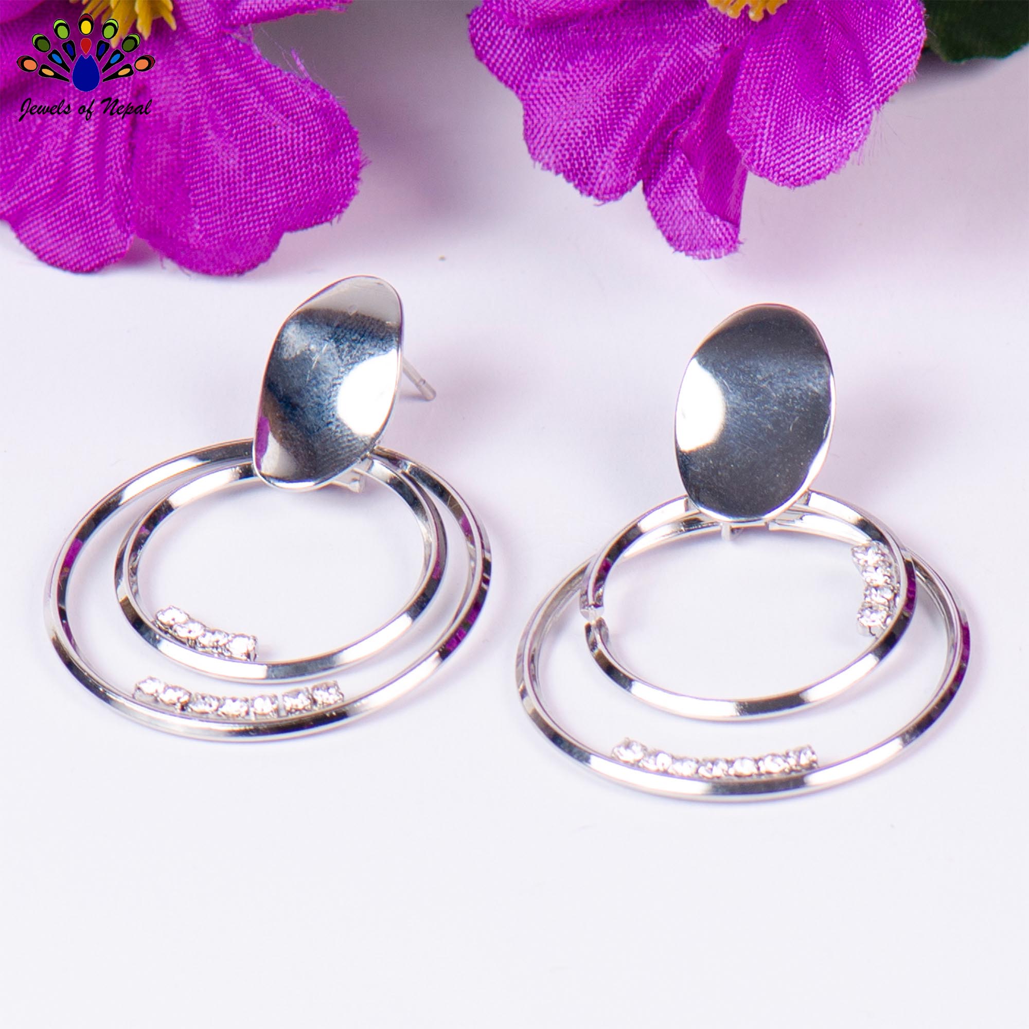 Jewels of Nepal Golden/Silver Double Circular Drop Earrings For Women - Image 2