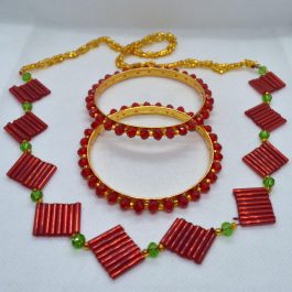 Red Chhwali Style Potey & Red Crystal Bangles Set- 1 Pair